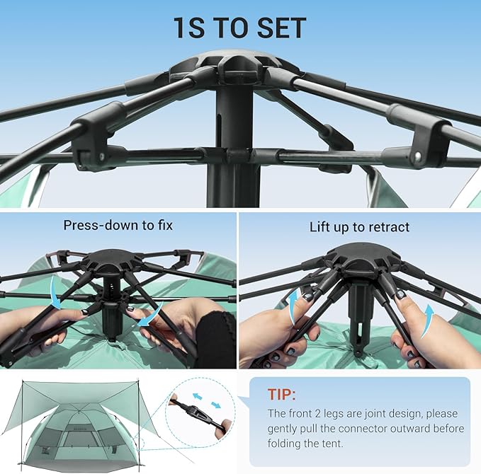 Elegear Beach Tent with Canopy, 1-Second Setup Pop Up Sun Shelter Shade, UPF 50+ UV Protection Silver-Coated Lightweight Portable Beach Cabana