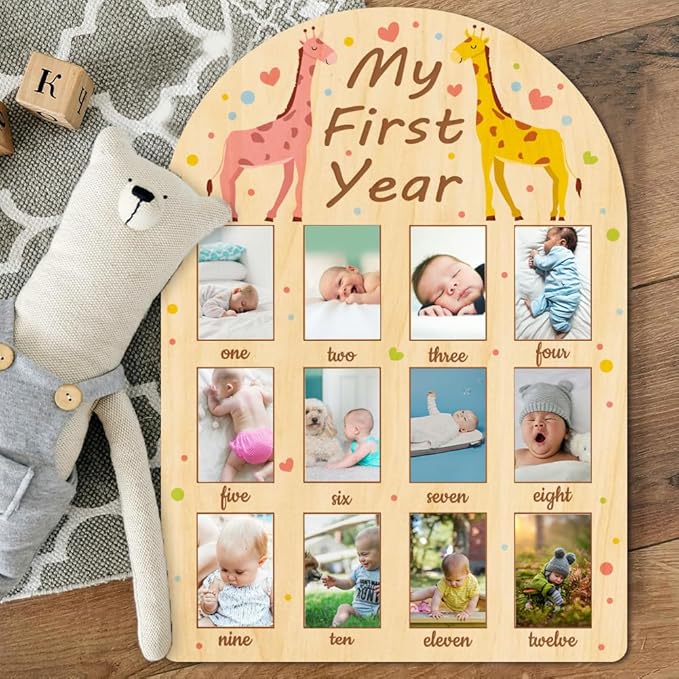 ORIGACH My First Year Baby Growth Photo Display Wood Board - 12 Months Newborn Milestones Photo Board - Neutral Baby Keepsake Frame 1st Birthday Party Nursery Decor New Mom Gift - Giraffe