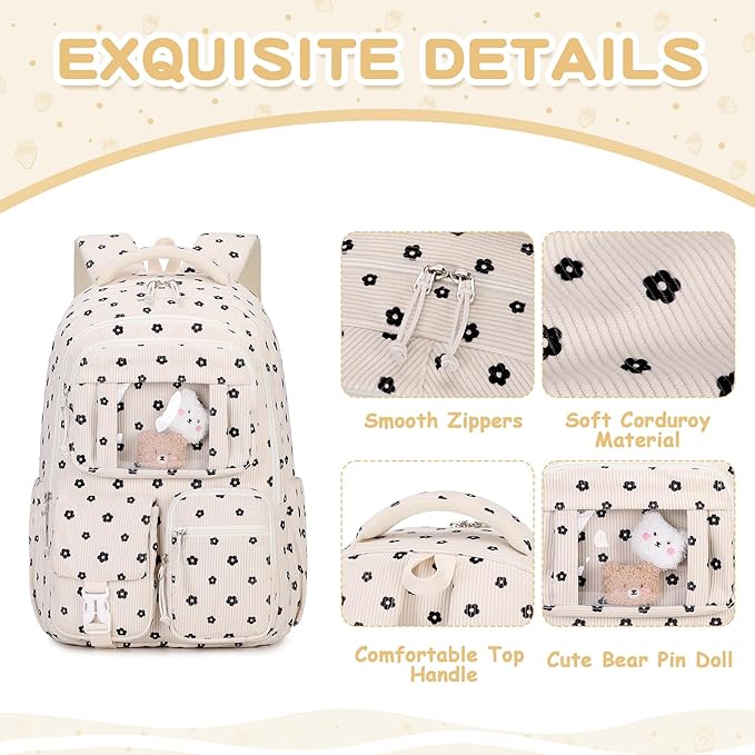 Corduroy Backpack Kids Backpack for Girls School Bags for Middle School Students Book Bag for Elementary Primary Kawaii Ita Backpack, Flower