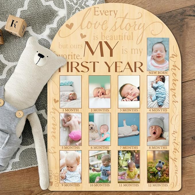 ORIGACH My First Year Baby Growth Photo Display Wood Board - 12 Months Newborn Milestones Photo Board - Neutral Baby Keepsake Board 1st Birthday Party Nursery Decor New Mom Gift - Sentiment Words