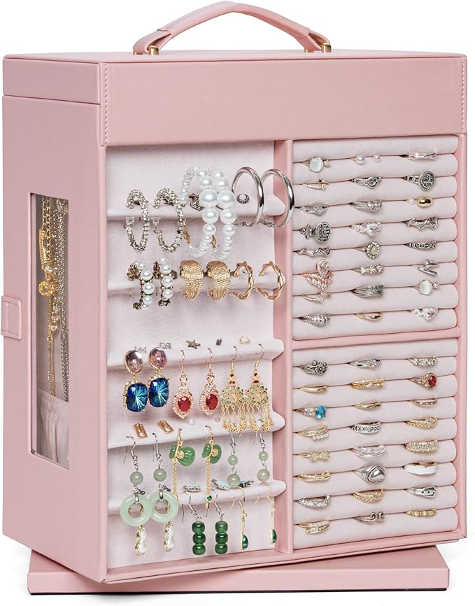 AKOZLIN 360° Rotating Jewelry Box 6-Tier Organizer Functional Jewelry Storage Case for Women Girls Ring Necklace Earring Bracelet Holder with Mirror Pink