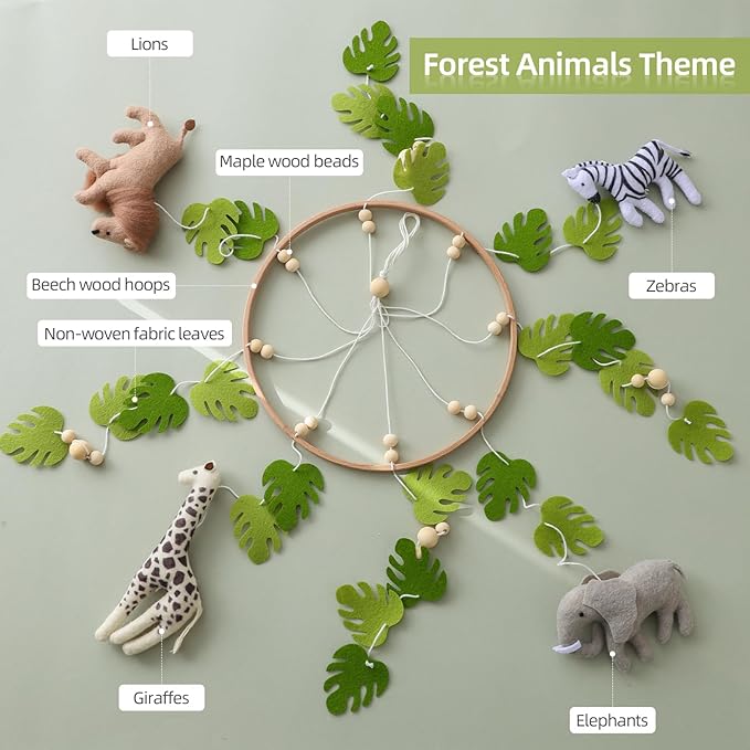 Baby Mobile for Crib Safari Nursery Mobile Handmade Jungle Baby Mobile Woodland Nursery Decor Forest Animals Crib Accessories with Lion Elephant Zebra Giraffe