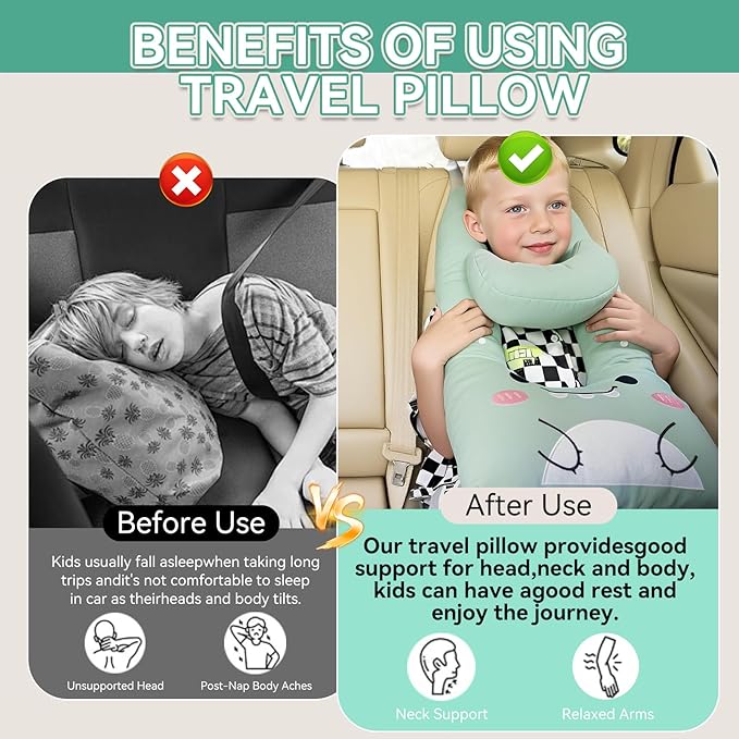 Travel Pillow,Car Pillow Kids Travel Pillow Car seat Pillow U Shaped Pillow for Travel Skin-Friendly Material The Sleeping Aid for Adults and Kids on Road Trips (Green)