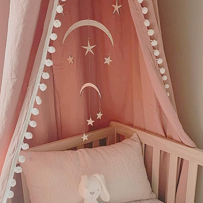Bed Canopy with Pom Pom for Kids Crib Baby Girl Netting Cover Canopy Crib Curtain Reading Nook Hanging Tent Nursery Play Game Castle Room Decoration (Pink)
