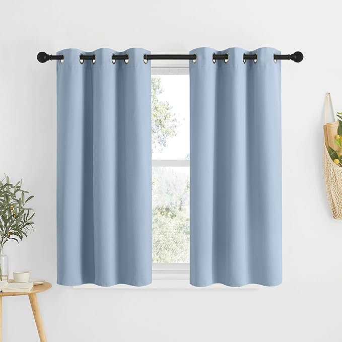 NICETOWN Blackout Bedroom Curtains 50 inches Long - Window Treatment Thermal Insulated Solid Grommet Room Darkening Privacy Sound Reducing for Kitchen, Vintage Blue, Set of 2, W34 x L50