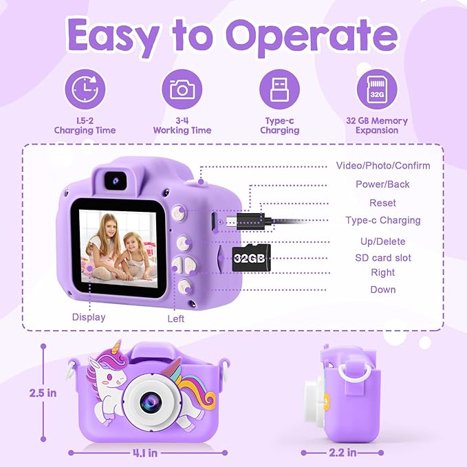 Kids Camera, Toys for Toddlers Age 3-8 Year Old Girl Christmas Birthday Gifts, Children Digital Camera with Cartoon Soft Silicone Cover and 32GB Card (Violet)