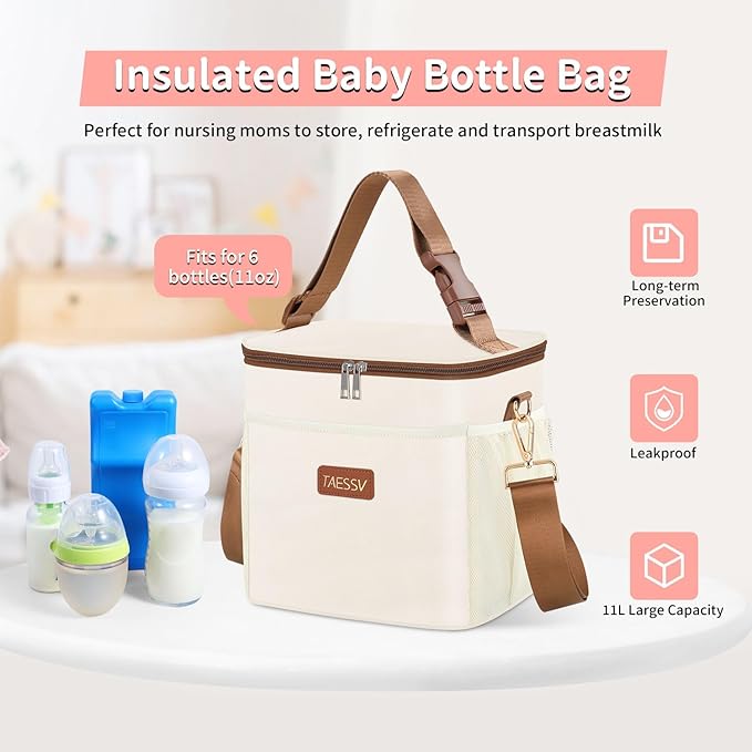Breastmilk Cooler Bag with Ice Pack - Breast Milk Cooler Travel Bag Fits 6 Bottles Up to 11 Oz Insulated Baby Bottle Cooler Bag Breastmilk Storage Bag Cooler Perfect for Nursing Mom Daycare, Beige
