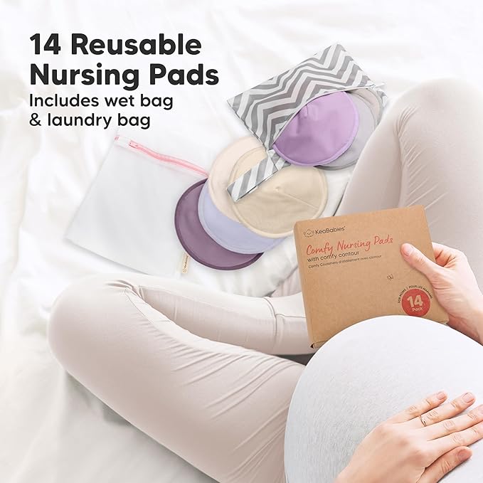Organic Nursing Pads - 14 Washable Viscose Derived from Bamboo Breastfeeding Pads, Wash Bag, Reusable Breast Pads for Breastfeeding, Nipple Pads for Breastfeeding Essentials (Violet, L 4.8")