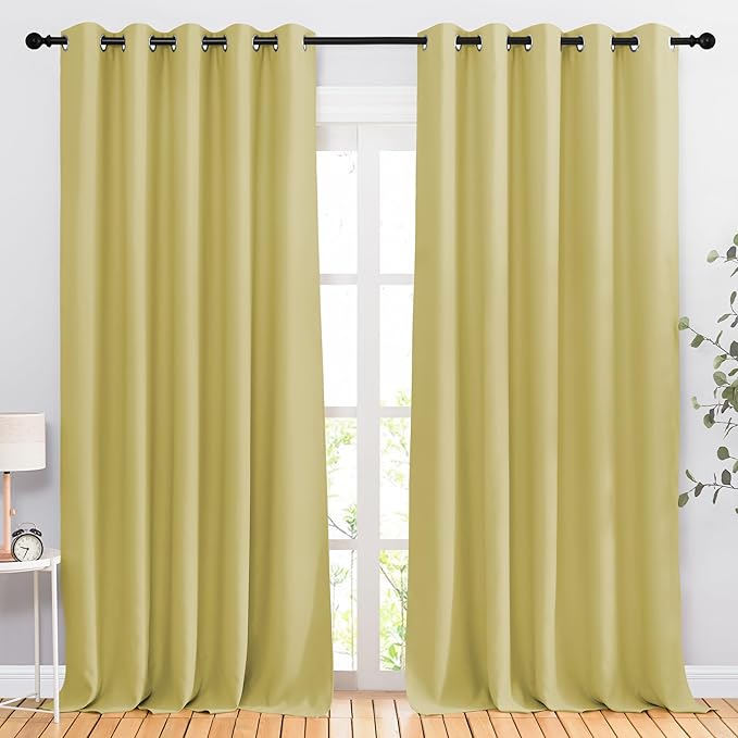 NICETOWN Bedroom Room Darkening 110 inch Curtains for Sliding Glass Door, Grommet Thermal Insulated Solid Window Treatments Sound Reducing for Living Room, W66 x L110, Paler Yellow, Set of 2