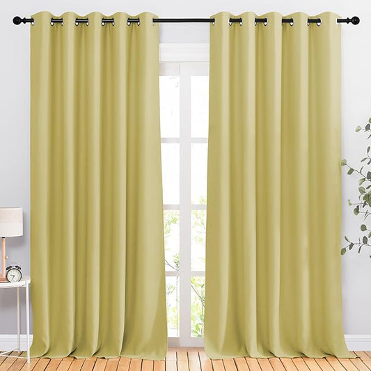 NICETOWN Bedroom Room Darkening 110 inch Curtains for Sliding Glass Door, Grommet Thermal Insulated Solid Window Treatments Sound Reducing for Living Room, W66 x L110, Paler Yellow, Set of 2
