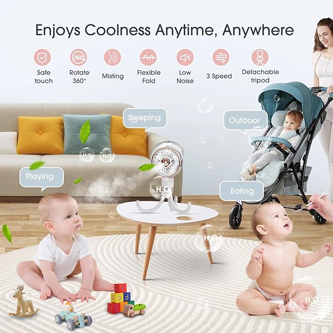 Ausic Stroller Fan with Mist, 100ml Misting Portable Fan for Stroller, Baby Fans with Detachable Tripod, Baby Essentials, Clip on Fans for Crib, Treadmill, Car Seat, Outdoor