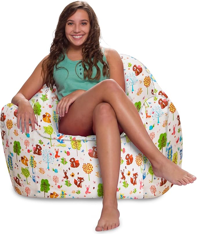 Posh Creations Structured Comfy Bean Bag Chair for Gaming, Reading, and Watching TV, Malibu Lounge, Canvas - Forest Critters on White
