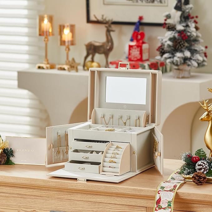 Vlando Jewelry Box Organizer for Girls Women, Large Jewelry Holder Organizer with Mirror, 3 Drawers for Bracelets, Earrings, Rings, Necklaces, Mothers Day Gifts for Loved One, Apricot White