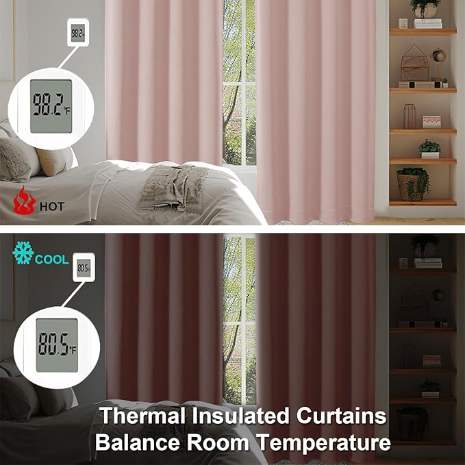 Simplebrand Ava Blush Blackout Curtains for Bedroom 96 Inches Long 2 Panels, Solid Thermal Insulated, Energy Saving Nursery Window Treatment Curtains Blackout Drapes, W50 x L96 Inch, Blush