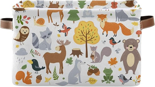 Storage Basket Bin Cute Woodland Animals Organizer Collapsible Shelf Basket Cube with Handle for Nursery Bedroom Bathroom