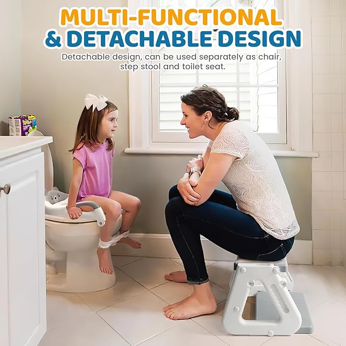 Orzbow 2-IN-1 Potty Training Toilet Seat with Step Stool for Toddler, Stability Training Potty Seat for Kids Boys Girls with Splash Guard and Anti-Slip Pad, Adjustable Ladder & Potty Seat Height, Grey