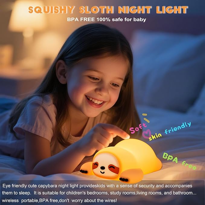 DREAMING MY DREAM Night Light for Kids,Squishy Sloth Night Light,LED Novelty Animal Nightlight,3 Levels Dimmable,30Min Timer Nursery Lamp for Kids, Bedroom Baby Boys Girls Gifts