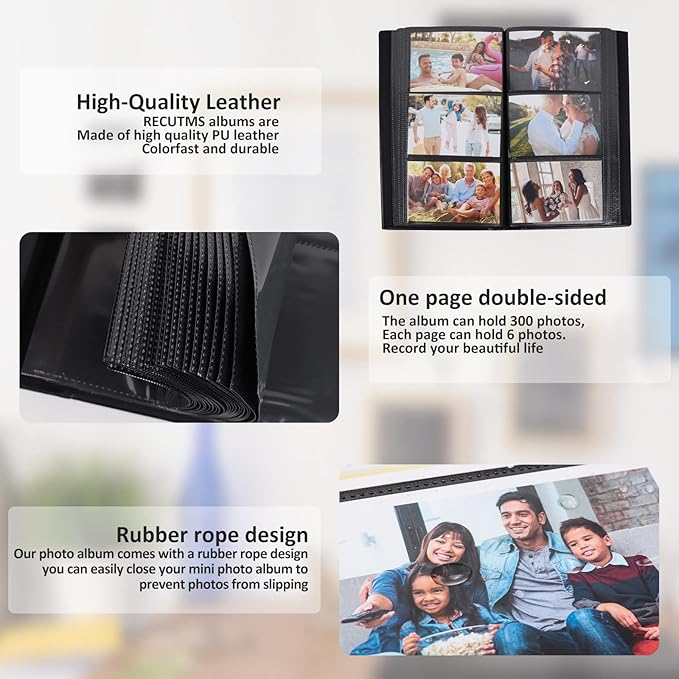 RECUTMS Photo Albums 4x6 Hold 300 Photos Black Pages PU Leather Pocket Album Small Photo Album 4x6 Picture Book for Christmas Gift Wedding Birthday Family Anniversary Baby albums (Silver)