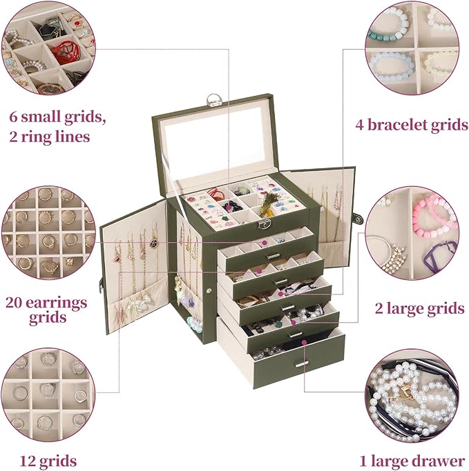 BOOVO Jewelry Box For women, 6 Layer Large Jewelry Organizer With Mirror, Multi-Function Storage Box With Lock, Accessory Holder With 5 Drawers, For Earrings Necklace Ring Bracelet (Army green)