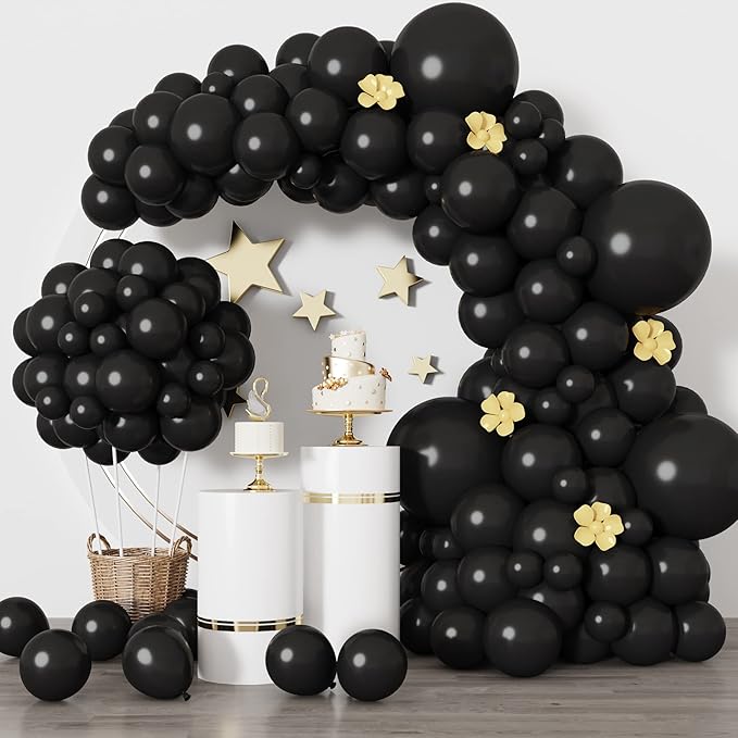 RUBFAC Black Balloons for Balloon Arch 129pcs Different Sizes Pack of 18 12 10 5 Inch Garland Kit, Latex Balloons for Halloween Party Decorations Birthday Wedding Decor