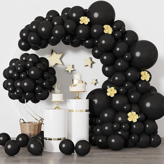 RUBFAC Black Balloons for Balloon Arch 129pcs Different Sizes Pack of 18 12 10 5 Inch Garland Kit, Latex Balloons for Halloween Party Decorations Birthday Wedding Decor