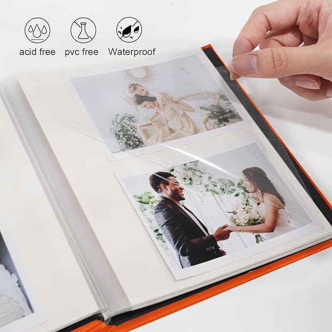 RECUTMS Small Photo Album Self Adhesive Scrapbook Magnetic Photo Albums for 4x6 5x7 8x10 Pictures for Baby Family Wedding 40 Pages with Metal Pen and Plastic Board (Orange)