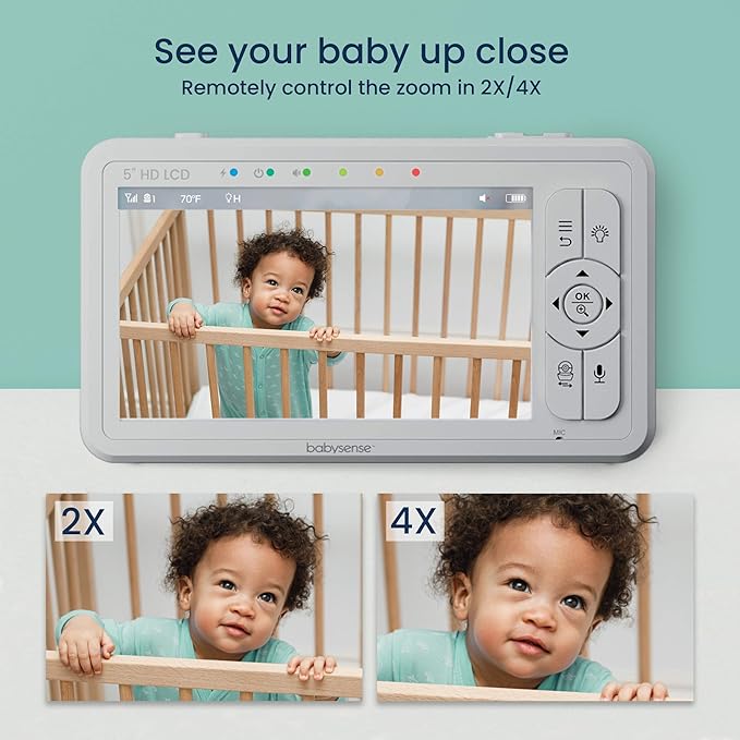 Babysense 5" HD Split-Screen Baby Monitor, Video Baby Monitor with 2 Cameras and Audio, Night Light, 1000ft Range, Two-Way Audio, 4X Zoom, Night Vision, 4000mAh Battery