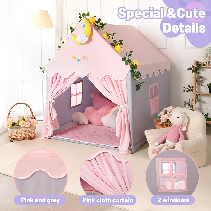Wilwolfer Kid Tent with Mat, Star Lights - Kids Play Tents for Toddlers Kids Tents Indoor Playhouse - Princess Tent for Girls Toy House Gift (Gray with Cloth)