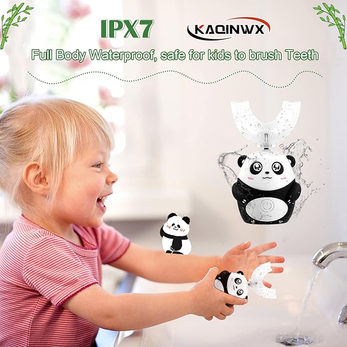 Kids U Shaped Electric Toothbrush for Age 2-12, Rechargeable Toddler Toothbrush with Smart Timer & 3 Clean Modes, Panda Design, IPX7 Waterproof, 3 Brush Heads & 360°Cleaning