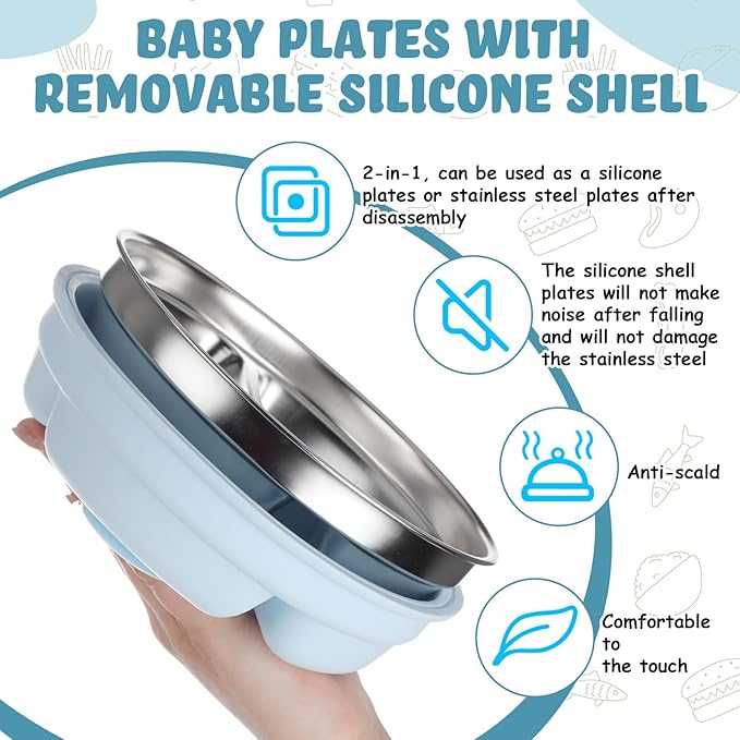 Nuogo 1 Pcs Stainless Steel Baby Suction Plates with Removable Silicone Shell 2-in-1 Metal Toddler Bowl Divided for Picky Eaters Kids Feeding Led Weaning Supplies, Dishwasher Safe (Light Blue)