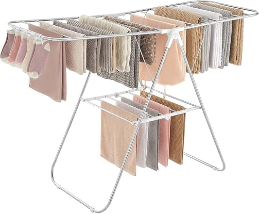SONGMICS Clothes Drying Rack, with Sock Clips, Metal Laundry Rack, Foldable, Space-Saving, Free-Standing Airer, with 2 Height-Adjustable Gullwings, Indoor Outdoor Use, Silver and White ULLR052W01