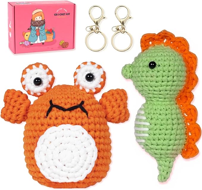 yhwsymgmho Crochet Kit for Beginners: 2-Piece Animal Amigurumi-Kit with Step-by-Step Video Tutorials - Easy Knitting Kit for Adults and Kids - DIY Crocheting Doll Gift (Crabs & Seahorses)