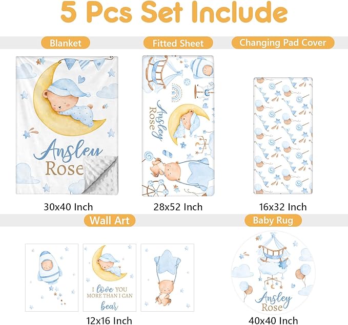 Personalized Baby Crib Bedding Set, 5 Pcs Custom Name Baby Crib Set with Double Layer Blanket, Soft Blue Moon Bear Nursery Bedding Set for Girls Boys, Customized Gifts for Toddlers Infants