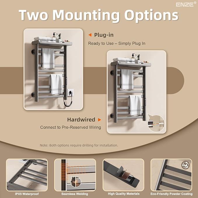 ENZE Heated Towel Rack with Shelf and Wi-Fi App Control, 8 Bars Electric Wall Mounted Towel Warmer with Timer & Adjustable Temperature, Low Carbon Steel, Plug-in/Hardwired, Gray