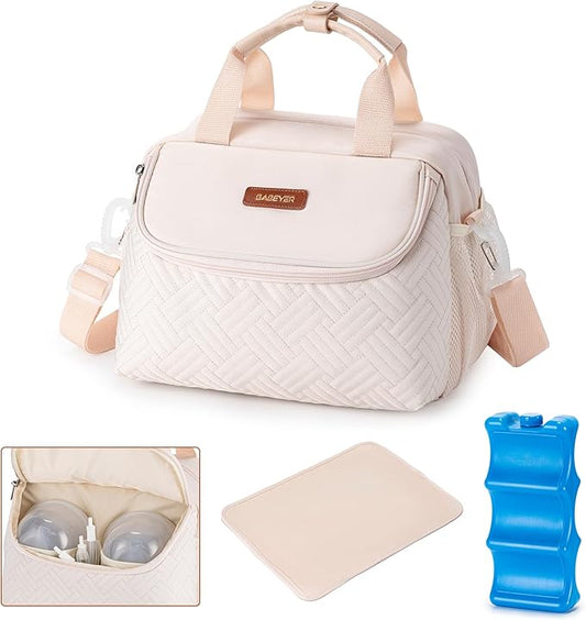 Breastmilk Cooler Bag with Ice Pack Fits 6 Baby Bottles up to 9 Ounce, Wearable Breast Pumps Cooler Bag for Nursing Mom Daycare, Work, Travel- White