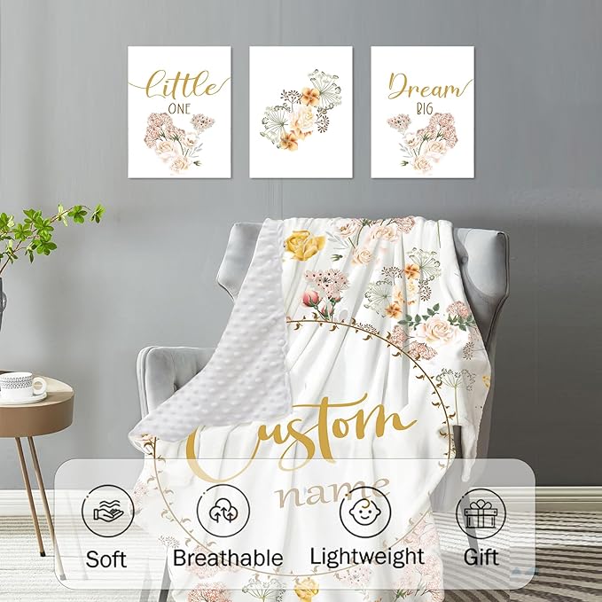Personalized Baby Crib Bedding Set for Girls, Flower Design Custom Name Baby Crib Sets 5-Pcs, Toddler Double Layer Blanket Fitted Sheets Changing Pad Cover Rug Wall Art Set, Charming Nursery Decor