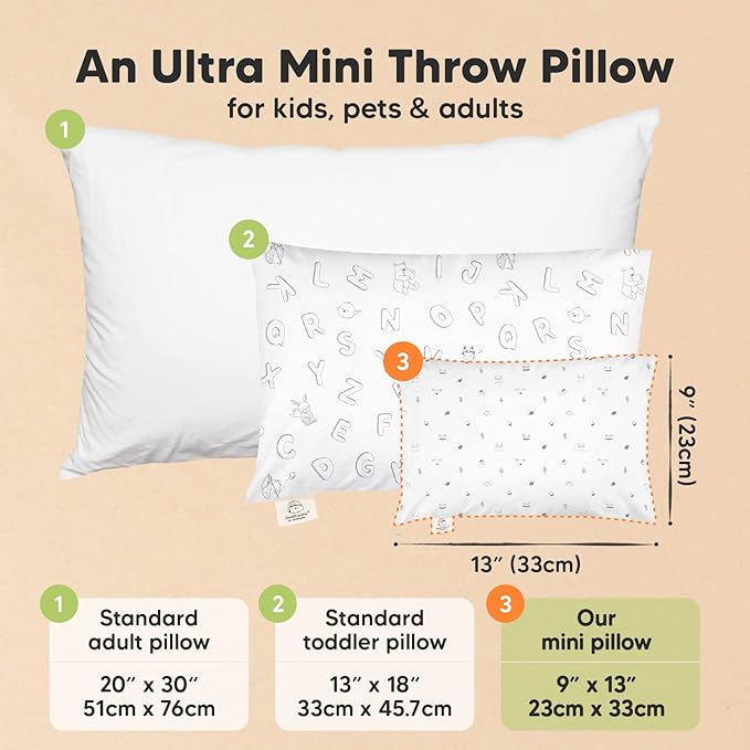 Mini Toddler Pillow with Pillowcase - 9x13 My Little Dreamy Travel Kids Pillow for Sleeping, Toddler Bed, Small, Tiny, Organic Cotton Pillowcase, Soft & Breathable, Kids 2-4 Years Old (Acorn)