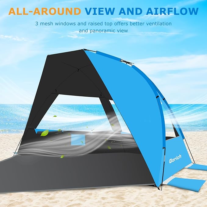 Gorich Portable Beach Tent for 3/4-5/6-7 Person with UPF 50+ UV Protection, Lightweight & Foldable Sun Shelter with 5 Sand Bags, Easy Setup Windproof Beach Umbrella Sun Shade