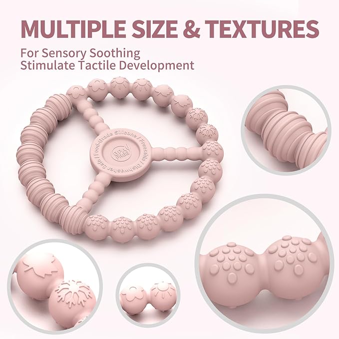 3 Pack Baby Teething Toys 3-6 Months, Silicone Ring Teethers for Babies 6-12 Months, Freezer Safe Chew Toy with Textured Grip for Boys Girls Teething Relief, Infant Easter Gift (Sandy Rose Pink)