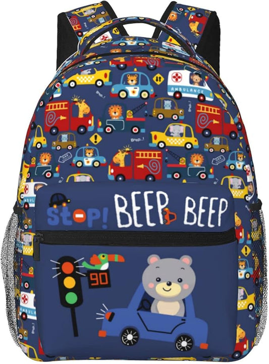 Cartoon Car Animal Backpack For Kids School Boys Girls, Bear & Traffic Light Design, Lightweight Waterproof Ergonomic Backpack For Age 3-5 5-7 7-9 9-12 School Book Bag Daypack Outdoor Play