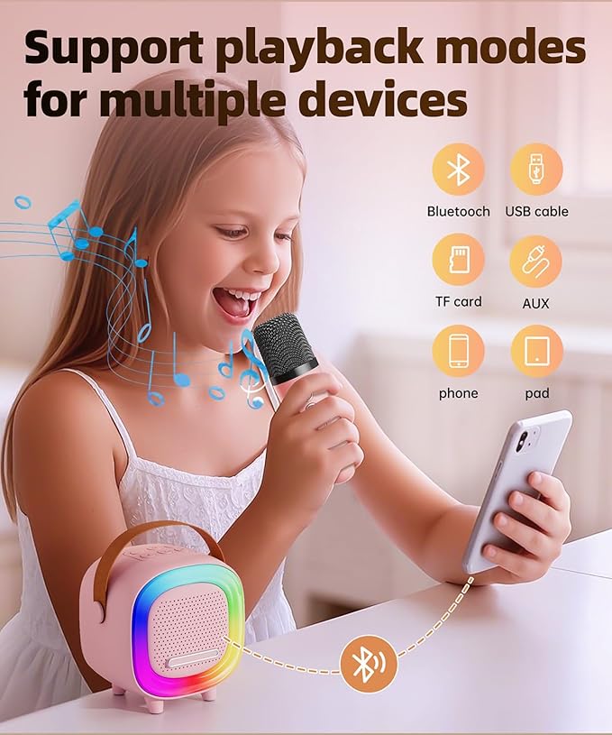 Mini Karaoke Machine Speaker for Kids Adults, Portable Bluetooth with 2 Wireless Microphones, Christmas Birthday Gift Ideas for Toys for Teens Boys and Girls Aged 4, 5, 6, 7, 8, 9, 10, 11, 12+
