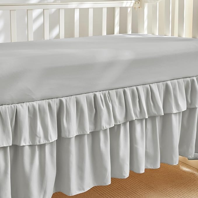 Tufted Ruffle Crib Bedding Set 3 Pieces Baby Girls Boys Boho Quilted Comforter with Fitted Sheet and Bed Skirt - Cute Ruffled Shabby Chic Baby Bedding Soft Blanket Design Light Gray