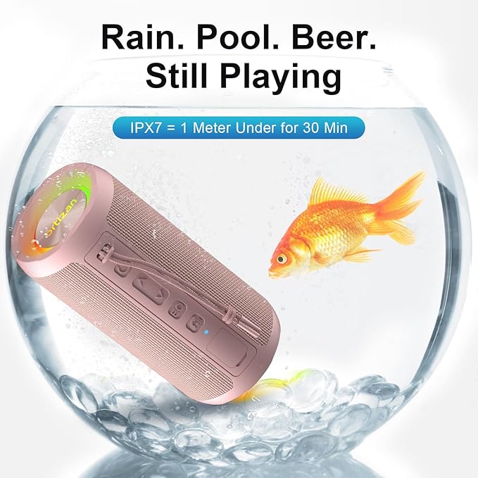 Ortizan Wireless Portable Bluetooth Speaker, IPX7 Waterproof, Dustproof and Rustproof, Powerful 24W Sound, Enhanced Bass, 30 Hour Battery, 360° Party Light, and Stereo Pairing (BT 5.3), Gifts - Pink