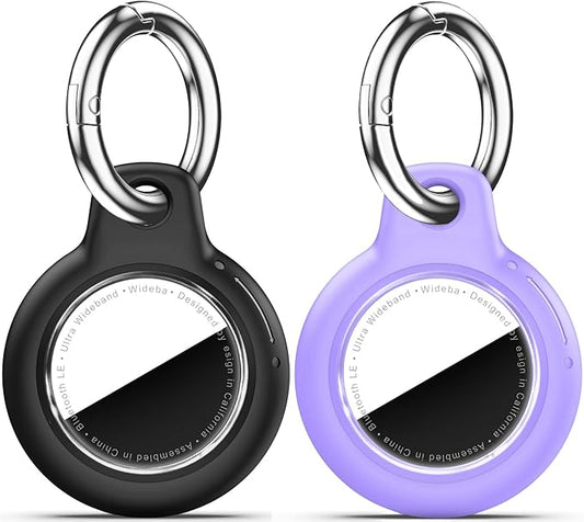 Upgrade Waterproof 2 Pack Airtags Holder with Apple Airtags Keychain, Hard PC Air Tag Case, Anti-Scratch & Shock Air tag Holder, Men's Women's Keyrings & Keychains -Black+Purple