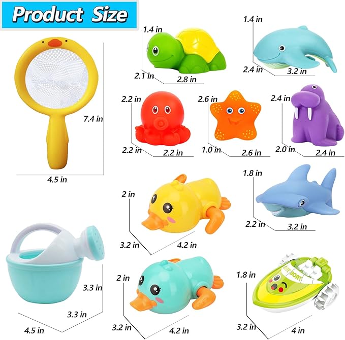 No Hole Bath Toys for Babies 0-6-12 Months+, Wind-up Swimming Ducks & Boat Bath Toys for Kids Ages 1-3, Baby Pool Toys Fishing Net Water Toys Watering Can, Toddler Bath Toys for 1+ Year Old Boy Girl