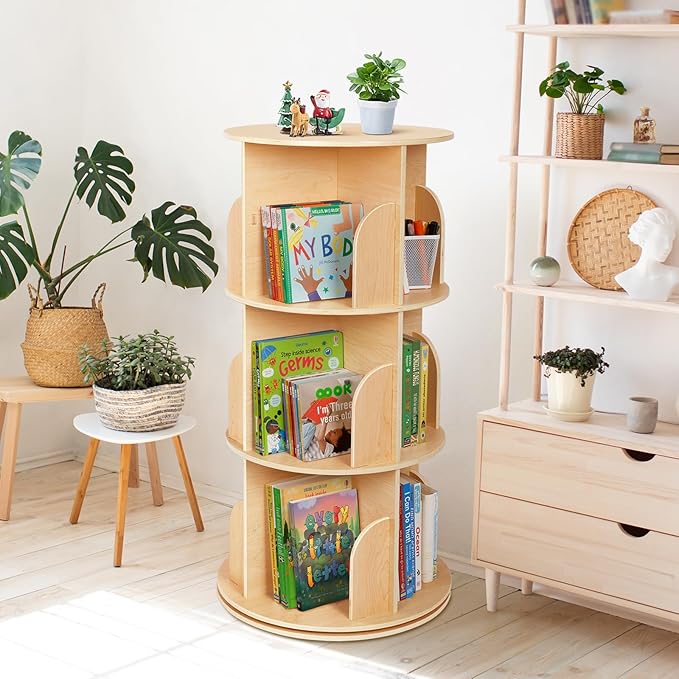 OOOK Kids Rotating Bookshelf, Small Corner Bookshelf for Small Space, 360° Display 3 Tier Floor Standing Bookcase Storage Rack, Wooden Narrow Bookcase Organizer for Bedroom, Living Room