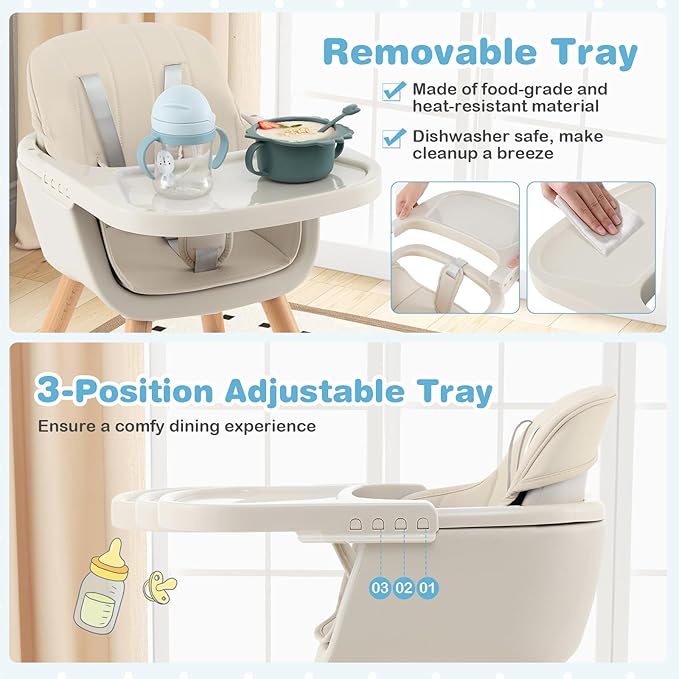 HONEY JOY High Chair, 3-in-1 Eat & Grow Wooden Highchair/Booster Seat/Toddler Chair with Removable Tray, 5-Point Harness, PU Cushion and Footrest for Baby, High Chair for Babies and Toddlers(Beige)