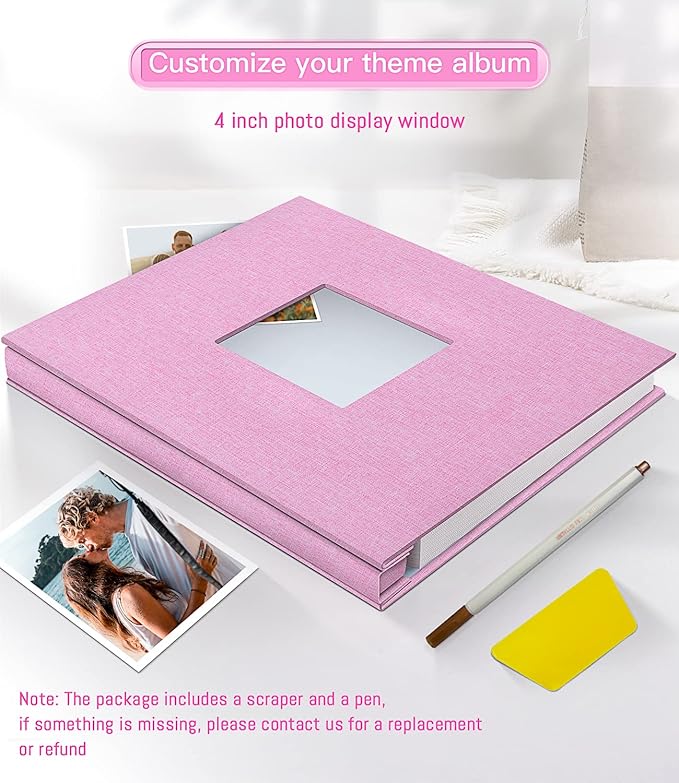 popotop Photo Album Self Adhesive with Picture Display Window,60 Pages DIY Scrapbooking Supplies Kit for 4x6 8x10 Picture,Linen Cover Memory Book for Baby Wedding, with Scraper and Metallic Pen