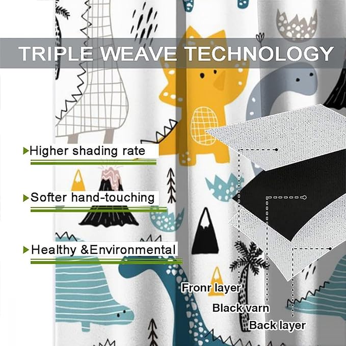 Kids Dinosaur Curtains for Boy Girl Bedroom Decor Cartoon Dino Colorful Cute Funny Wildlife Animal Printed Blackout Rod Pocket Window Drapes for Baby Nursery Playroom Living Room W27.5xL63in 2 Panels