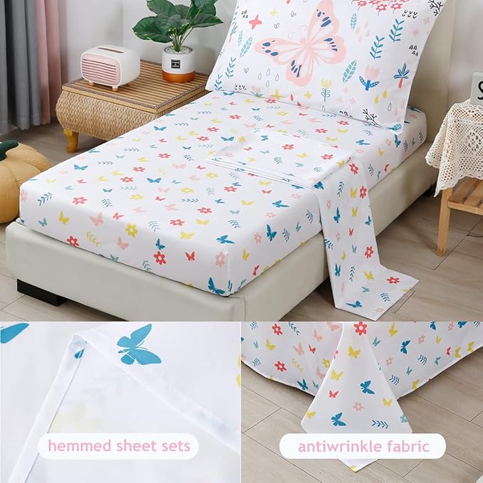 PERFEMET Girls Toddler Bedding Colorful Flower Blossom Comforter Set Butterfly Print Toddler Bedding Sets Ultra Soft Lightweight Bed-in-A-Bag for Toddlers(4 Pieces, White)